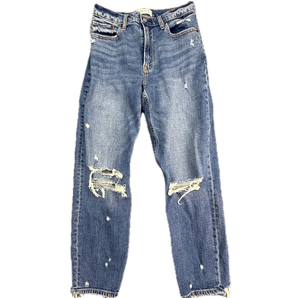 Abercrombie & Fitch Mom Jeans Womens 27/4R Blue Distressed High Rise Frayed Hem